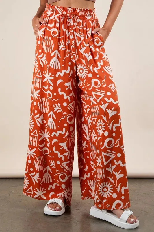 Printed Wide Leg Pants with Pockets & Drawstring