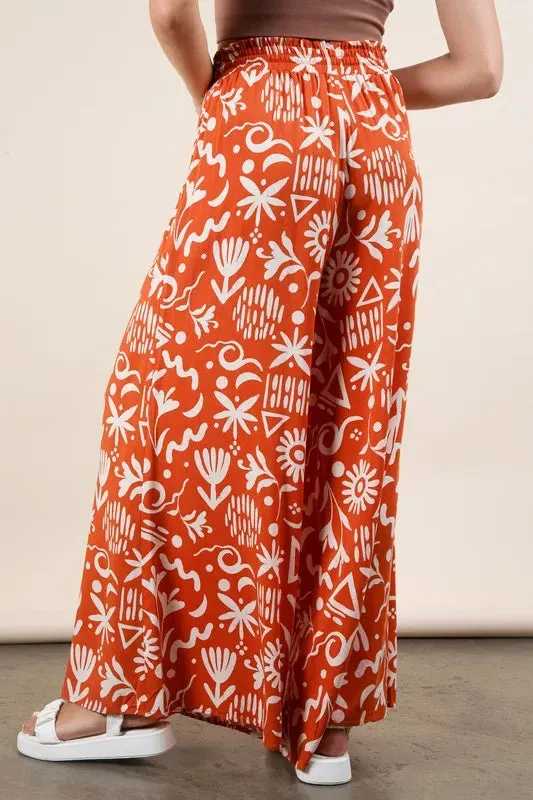 Printed Wide Leg Pants with Pockets & Drawstring