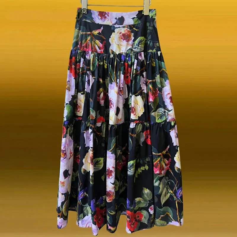 Pure Cotton Hyacinth Print Mid-Length Skirt