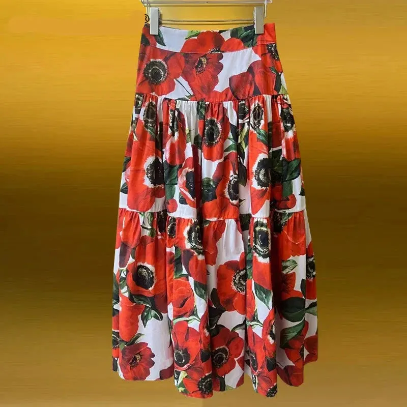 Pure Cotton Hyacinth Print Mid-Length Skirt