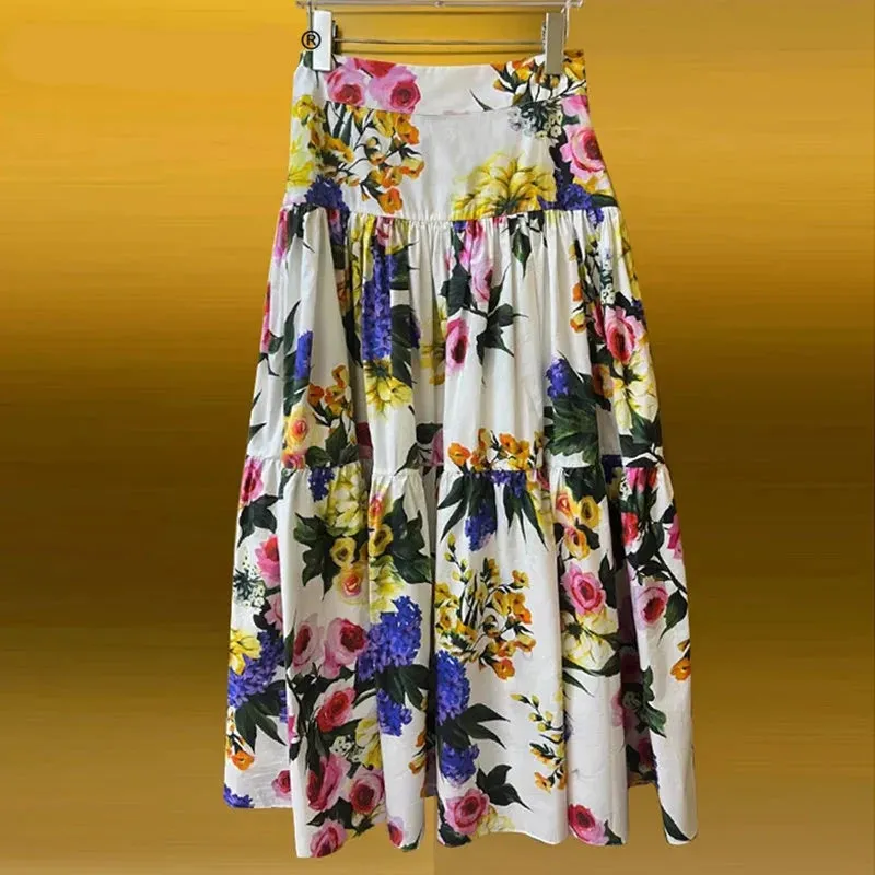 Pure Cotton Hyacinth Print Mid-Length Skirt