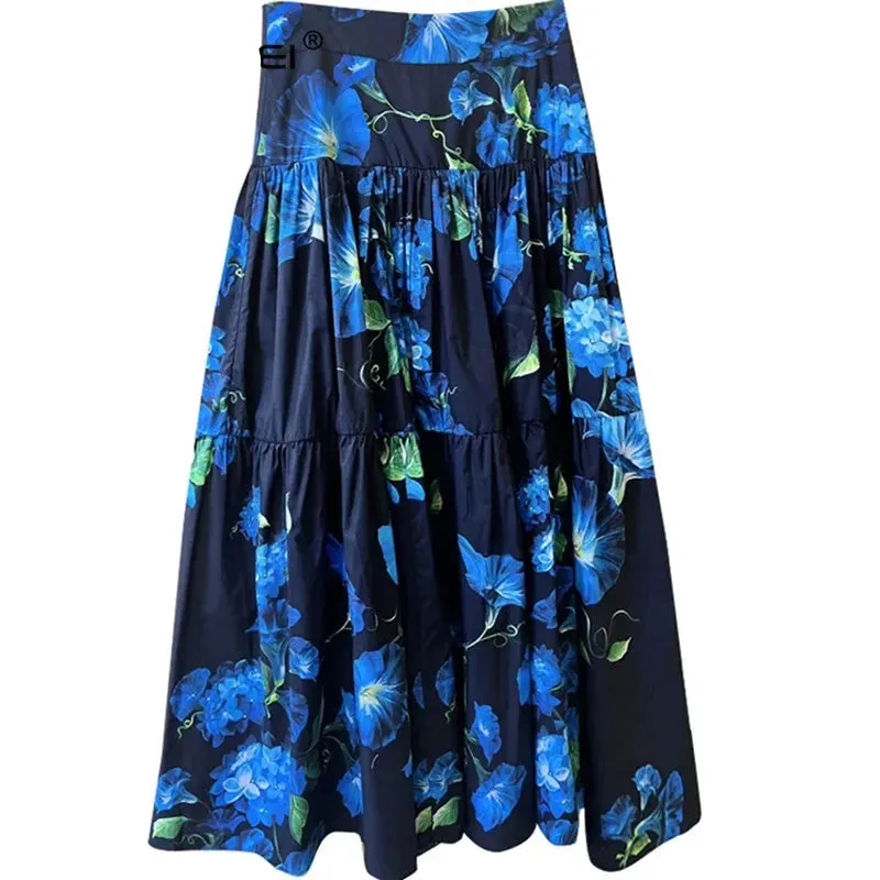 Pure Cotton Hyacinth Print Mid-Length Skirt