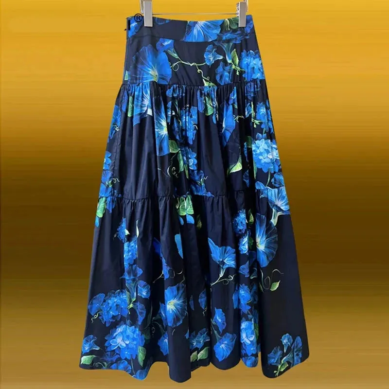 Pure Cotton Hyacinth Print Mid-Length Skirt