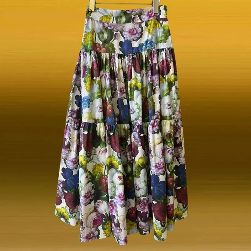 Pure Cotton Hyacinth Print Mid-Length Skirt
