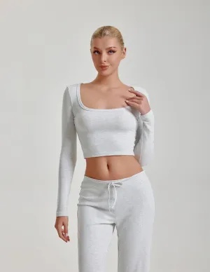 PURE PLUNGE LONG SLEEVE CROP TOP - LIGHT HEATHER GREY