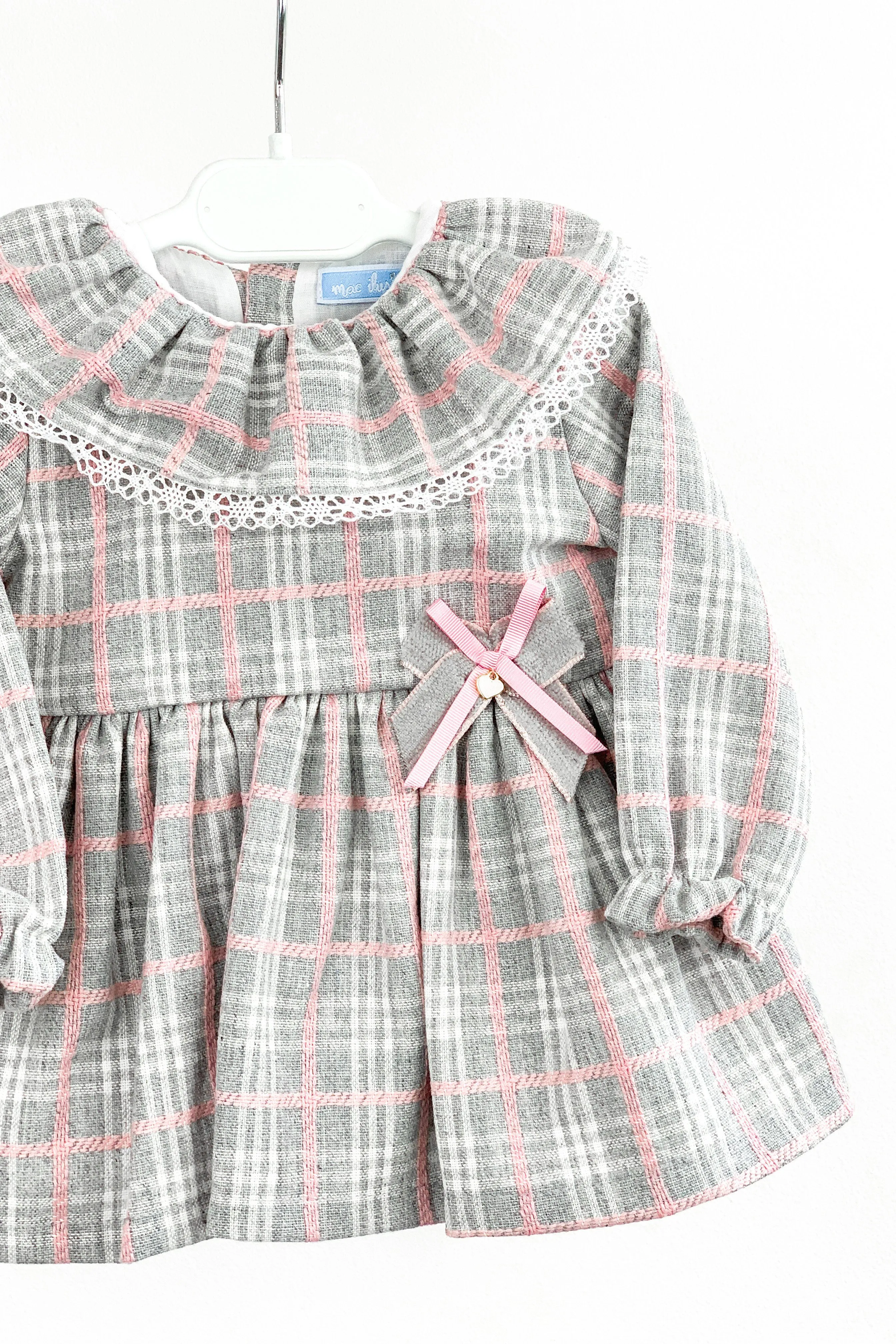 "Edith" Grey & Pink Tartan Dress & Bloomers