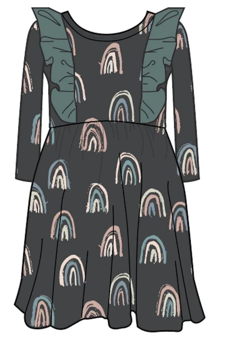 Rags Long Sleeve Ruffle Swing Dress in Rainbows