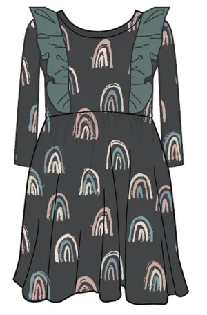 Rags Long Sleeve Ruffle Swing Dress in Rainbows