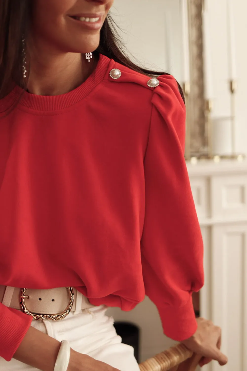 Red Button Tab Detail Long Sleeve Top