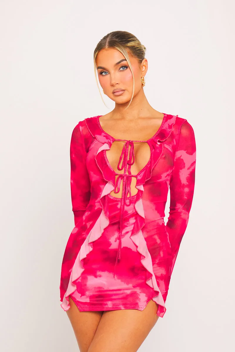 Red Printed Mesh Ruffle Tie Detail Long Sleeve Mini Dress