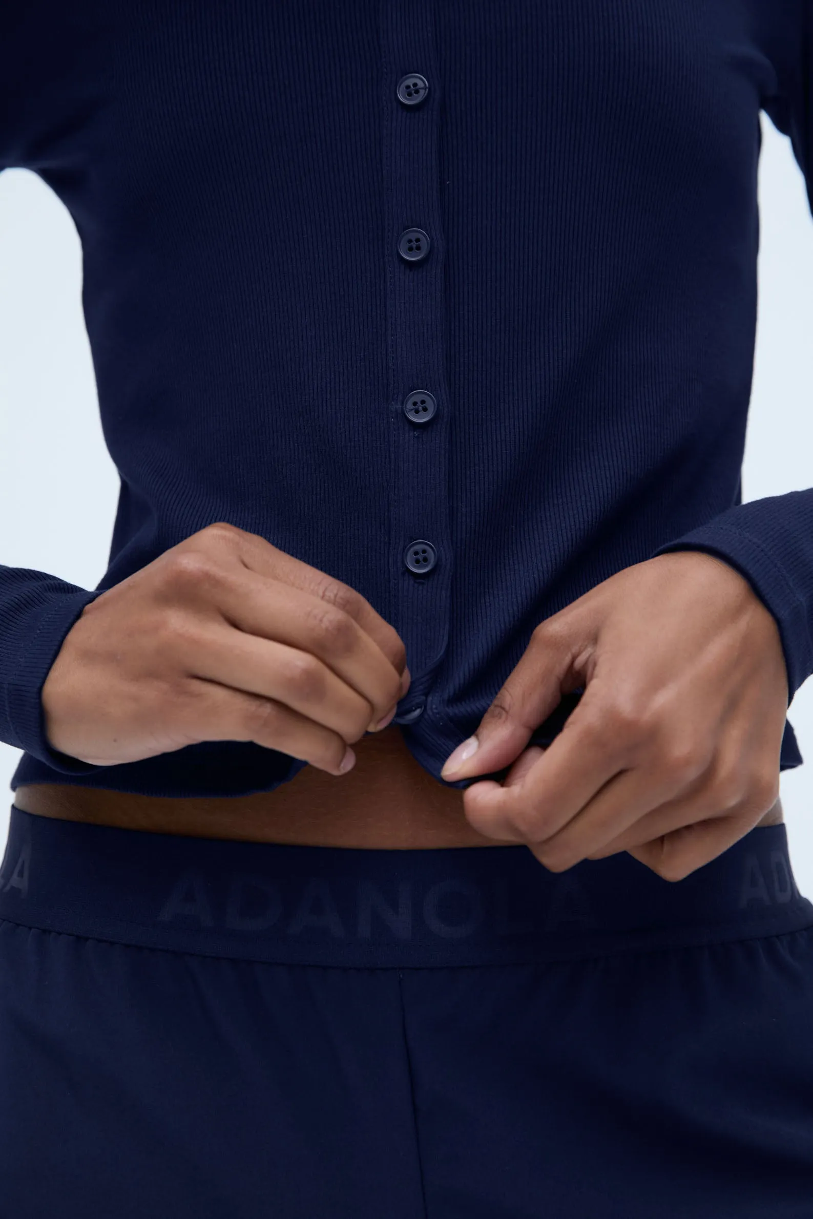 Rib Long Sleeve Button Through Top - Navy Blue