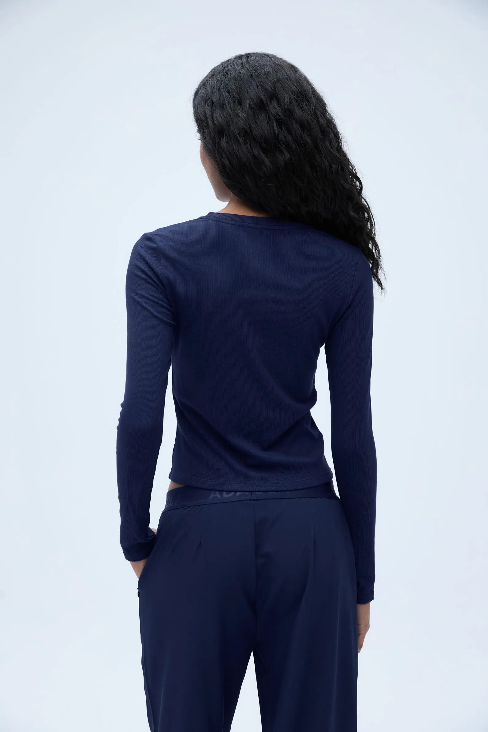Rib Long Sleeve Button Through Top - Navy Blue