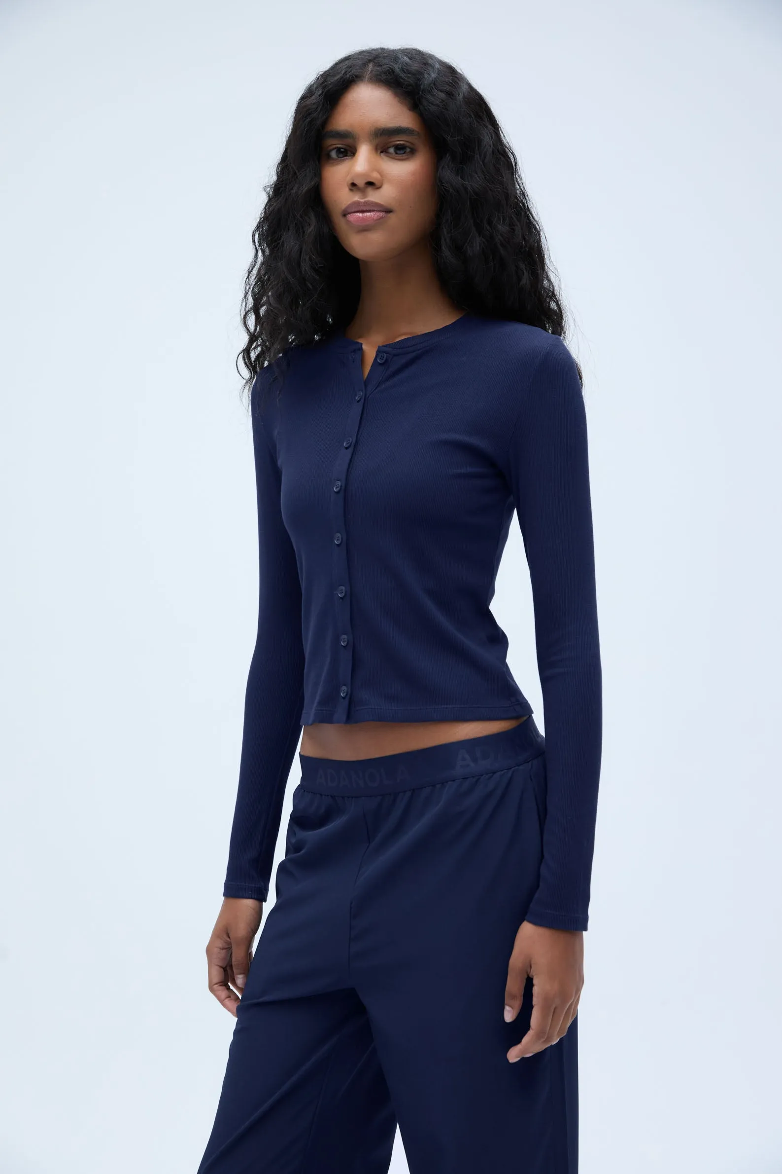 Rib Long Sleeve Button Through Top - Navy Blue