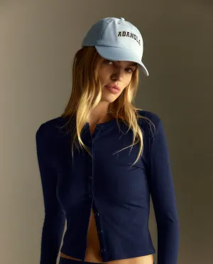 Rib Long Sleeve Button Through Top - Navy Blue