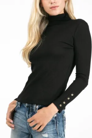 Ribbed Knit Turtleneck Top with Button Sleeve - Black -