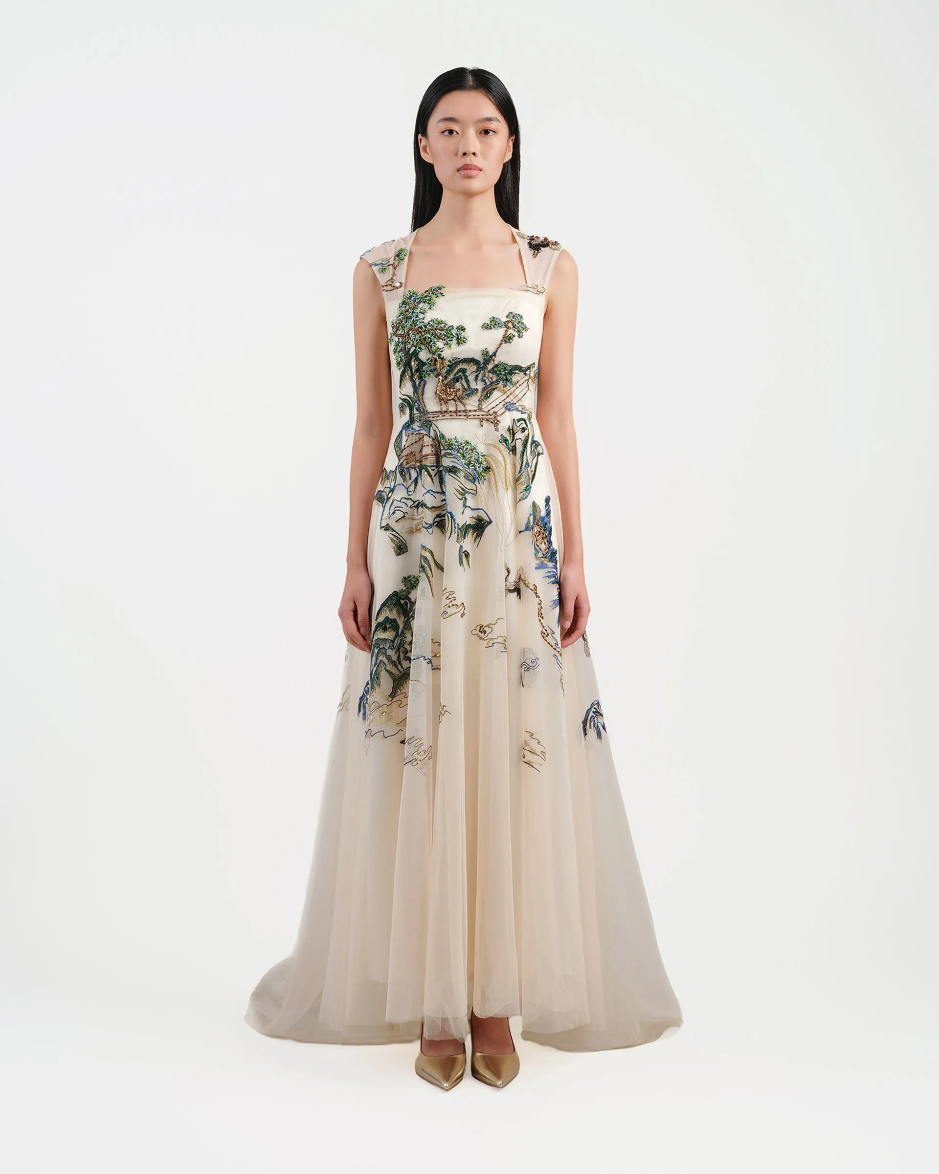 Riverscape High-Low Gown with Embroidery