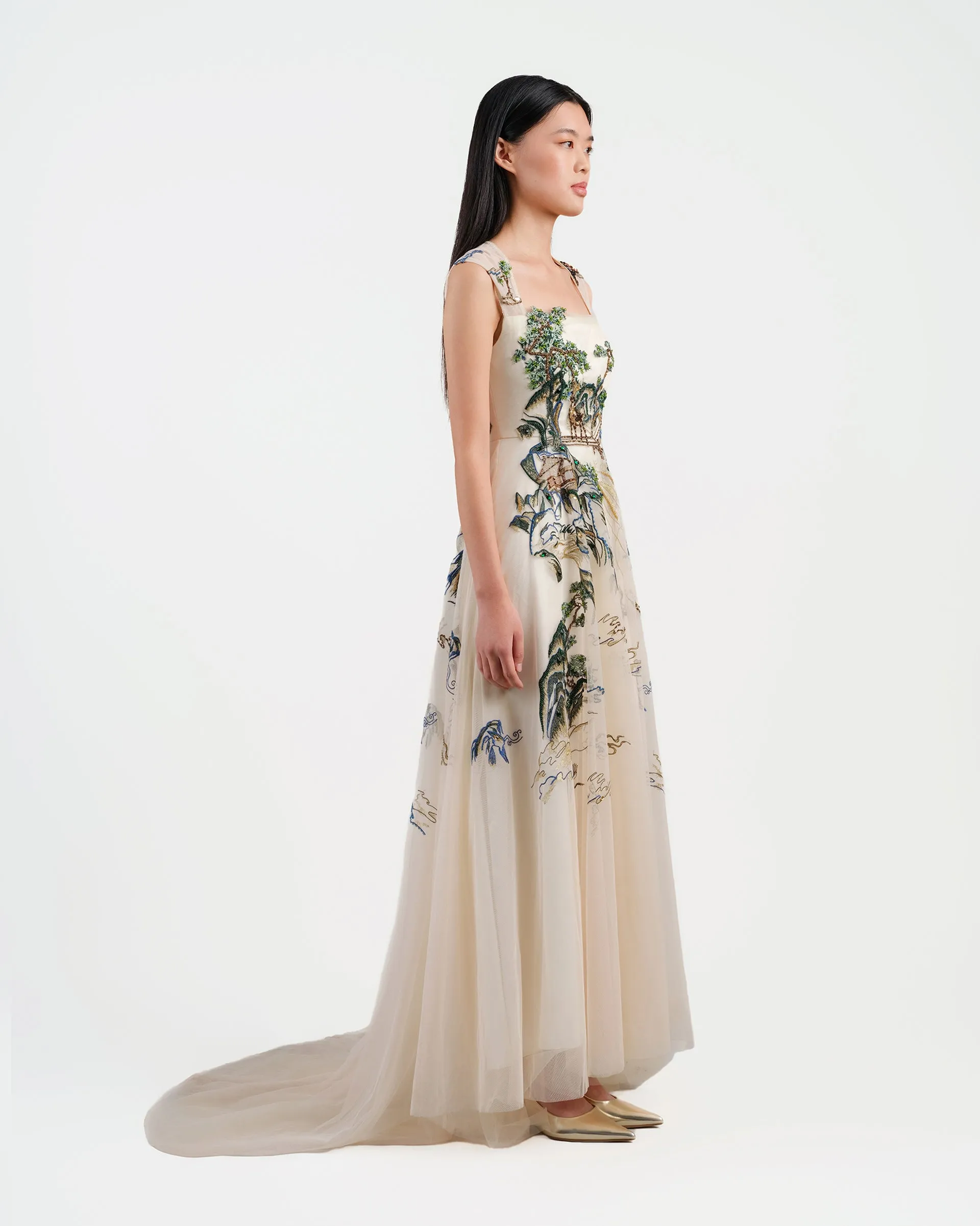 Riverscape High-Low Gown with Embroidery