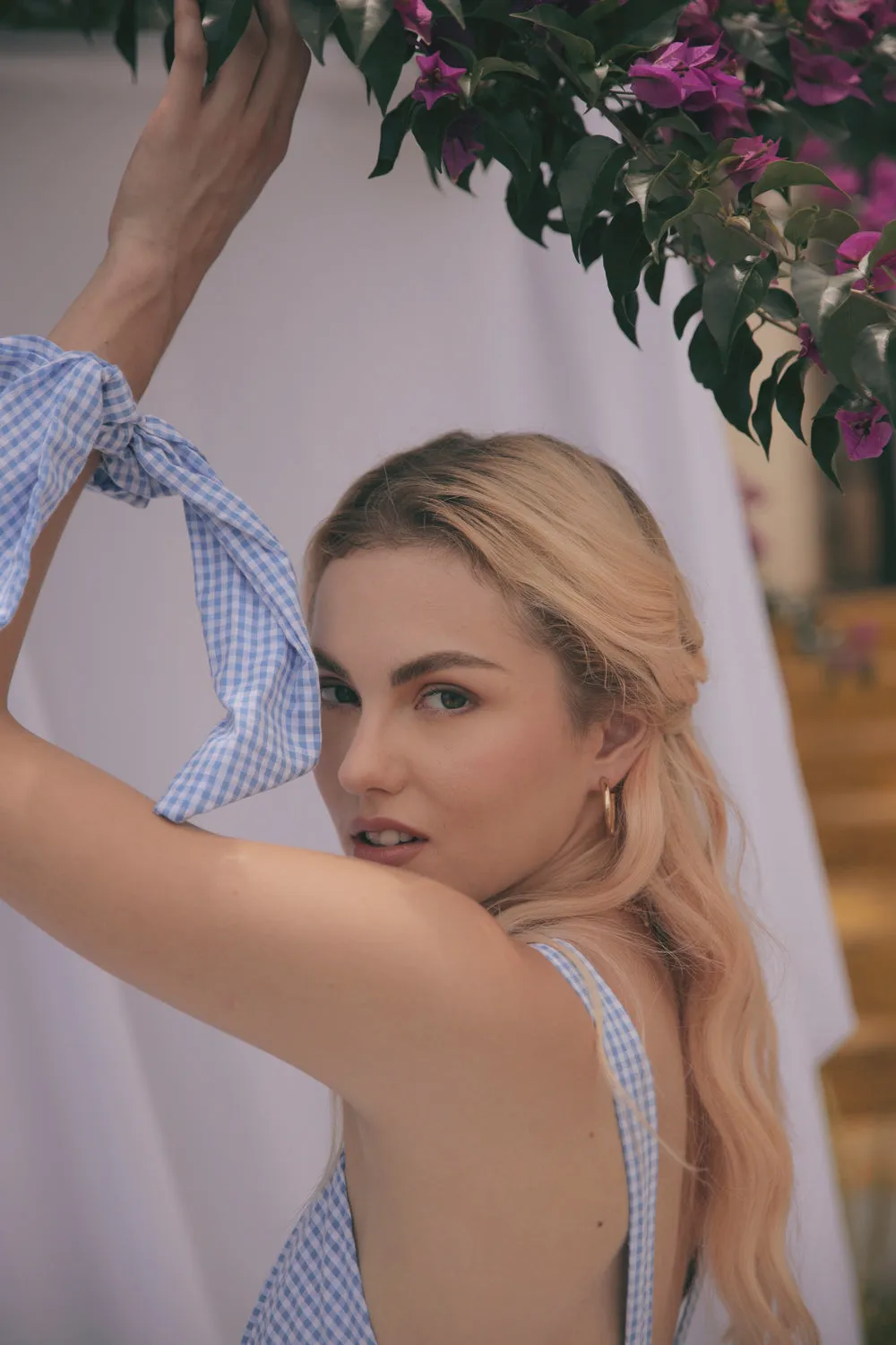 RIVIERA Button Down Slip Dress Gathered Cup Detail with Matching Scrunchie and Mask (Gingham Blue & White Cotton)