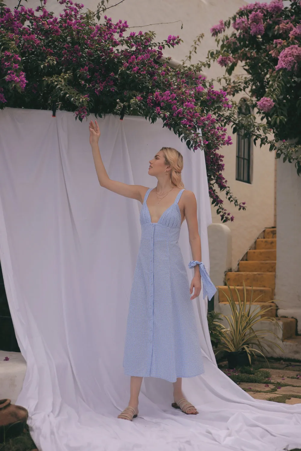 RIVIERA Button Down Slip Dress Gathered Cup Detail with Matching Scrunchie and Mask (Gingham Blue & White Cotton)