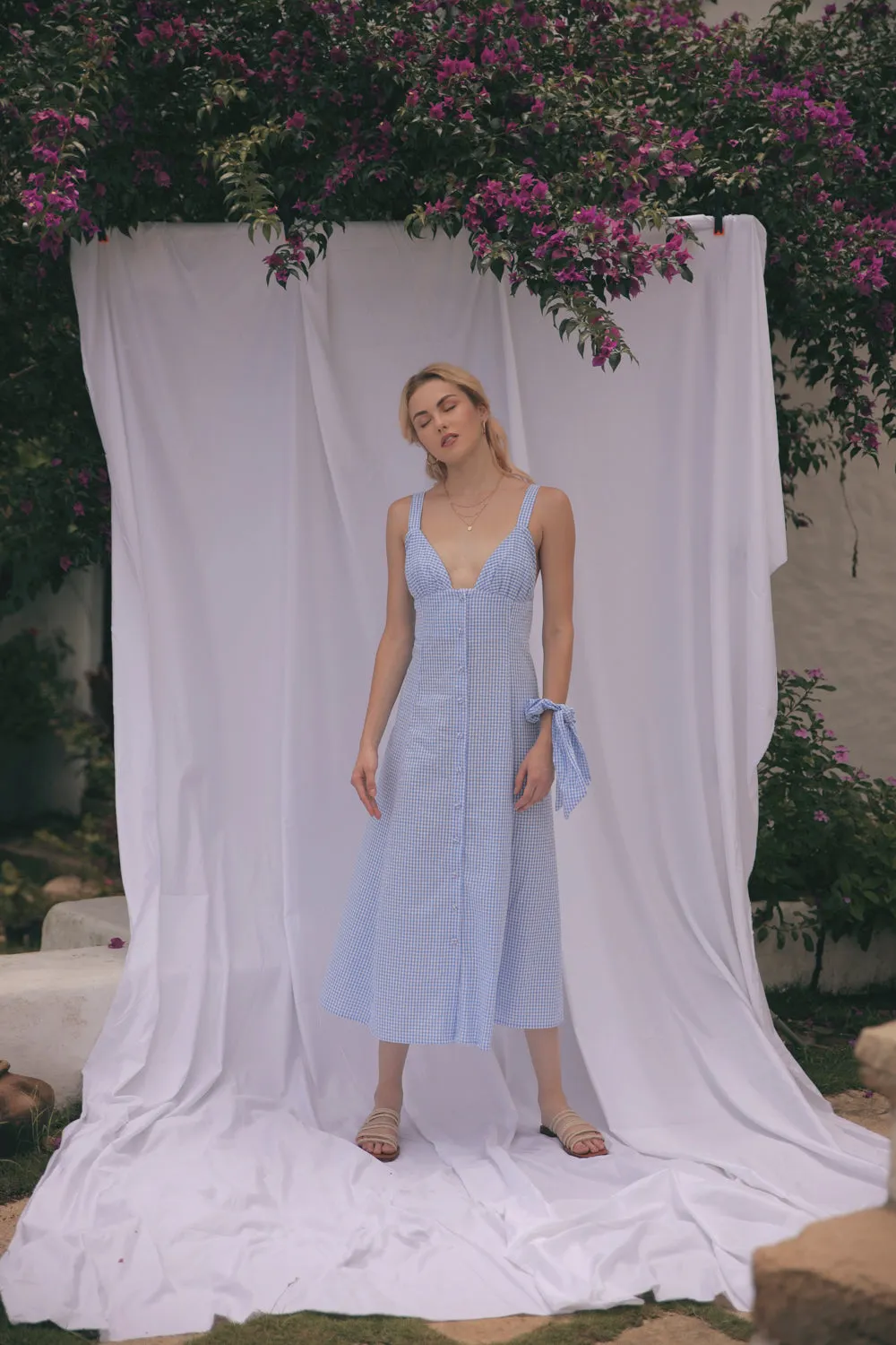 RIVIERA Button Down Slip Dress Gathered Cup Detail with Matching Scrunchie and Mask (Gingham Blue & White Cotton)