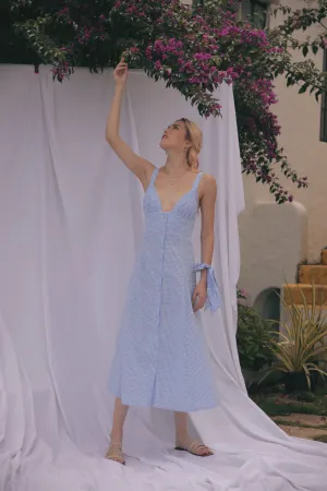 RIVIERA Button Down Slip Dress Gathered Cup Detail with Matching Scrunchie and Mask (Gingham Blue & White Cotton)