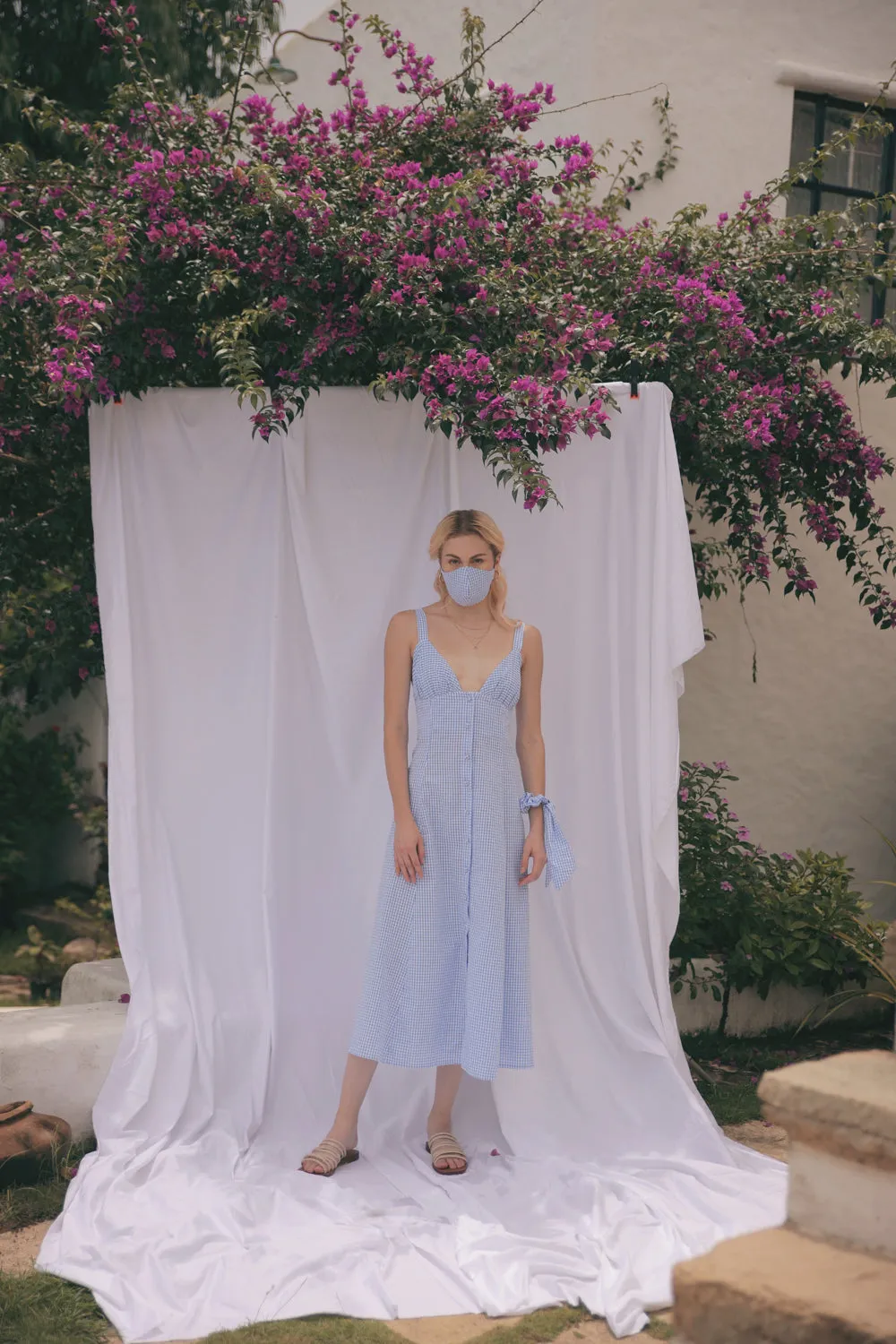 RIVIERA Button Down Slip Dress Gathered Cup Detail with Matching Scrunchie and Mask (Gingham Blue & White Cotton)