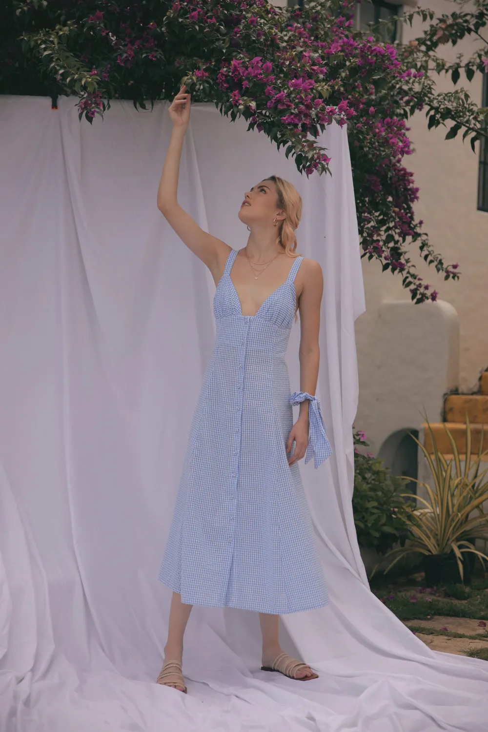 RIVIERA Button Down Slip Dress Gathered Cup Detail with Matching Scrunchie and Mask (Gingham Blue & White Cotton)
