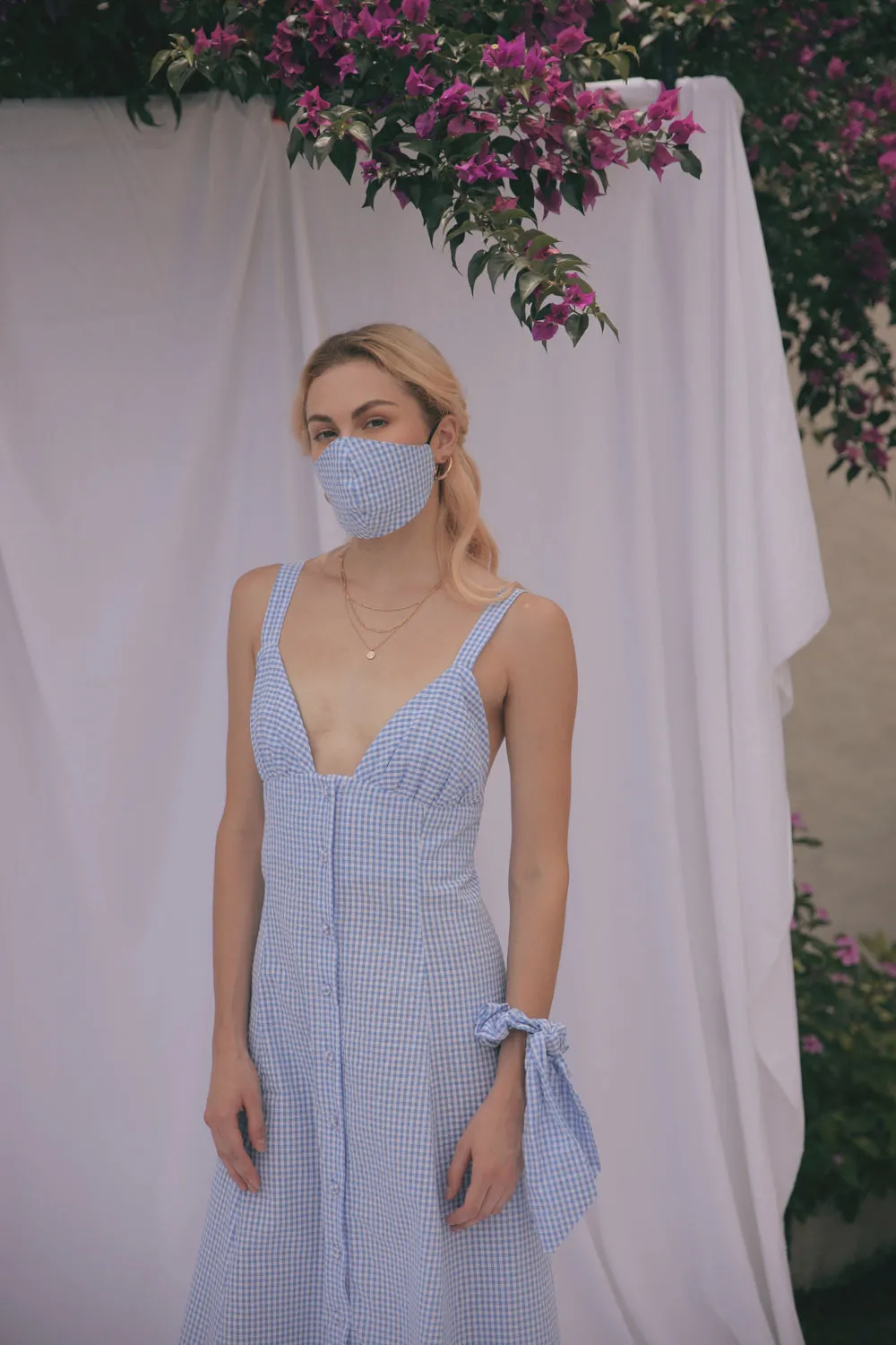 RIVIERA Button Down Slip Dress Gathered Cup Detail with Matching Scrunchie and Mask (Gingham Blue & White Cotton)