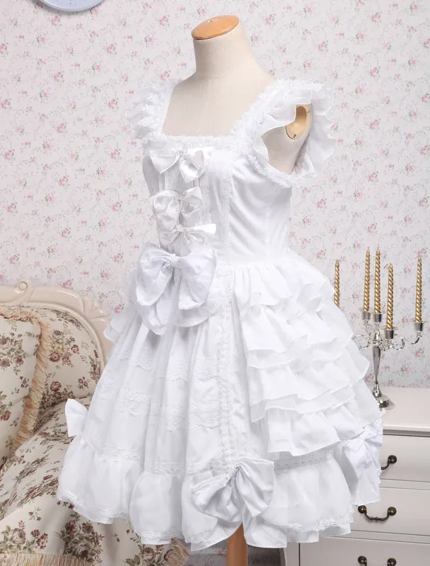 Rococo Lolita JSK Dress Lace Bow Ruffle White Cotton Lolita Jumper Skirt
