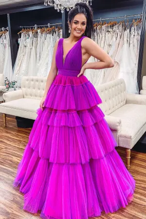 Roycebridal Giana |A-Line V Neck Tiered Tulle Prom Dress