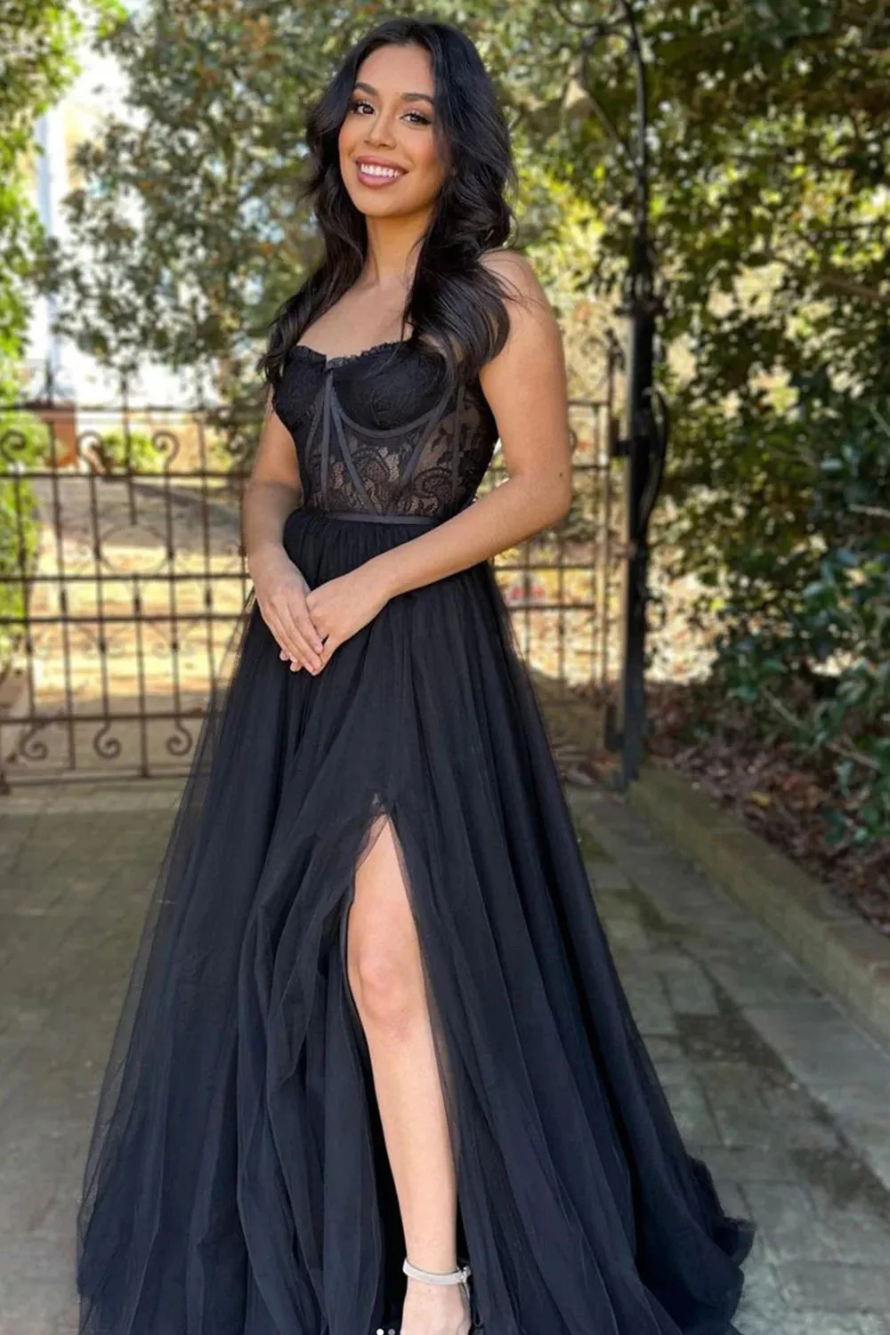 Roycebridal Talia | Black A Line Sweetheart Corset Tulle Prom Dress with Slit