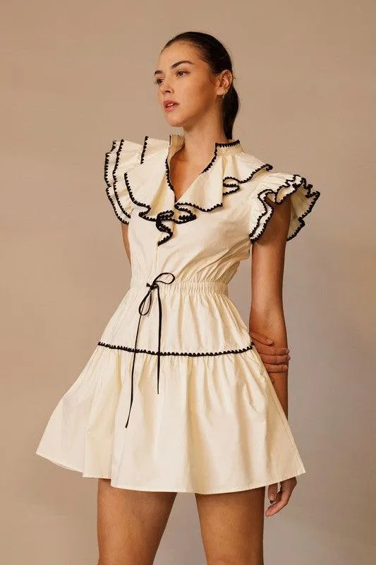 RUFFLE COLLAR AND SLEEVE MINI DRESS WITH WAIST
