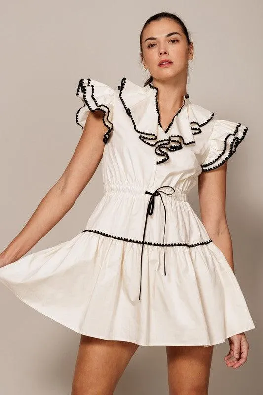RUFFLE COLLAR AND SLEEVE MINI DRESS WITH WAIST