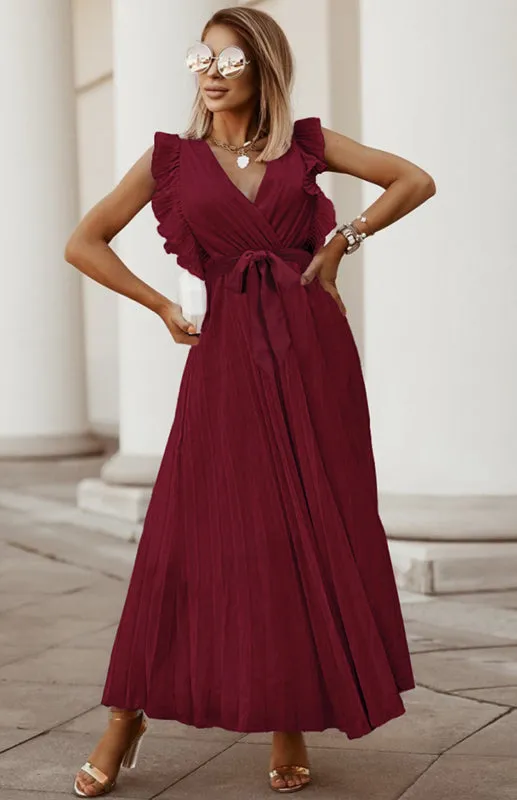 Ruffle Sleeve Maxi Dress with Pleated Chiffon Design