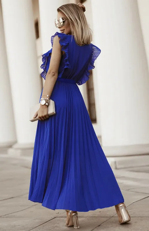 Ruffle Sleeve Maxi Dress with Pleated Chiffon Design