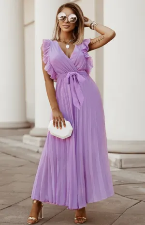 Ruffle Sleeve Maxi Dress with Pleated Chiffon Design