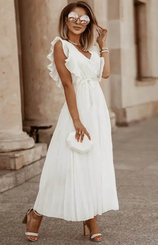 Ruffle Sleeve Maxi Dress with Pleated Chiffon Design