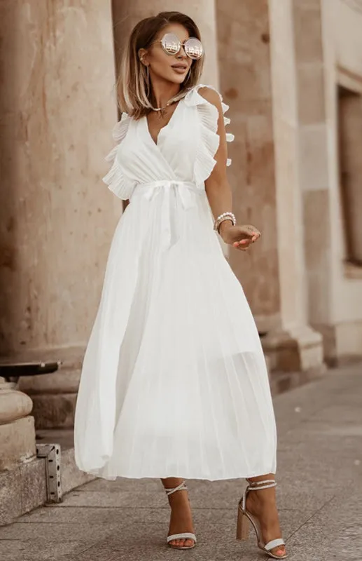 Ruffle Sleeve Maxi Dress with Pleated Chiffon Design
