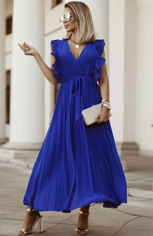 Ruffle Sleeve Maxi Dress with Pleated Chiffon Design