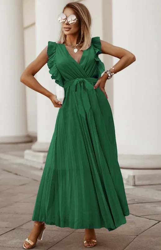 Ruffle Sleeve Maxi Dress with Pleated Chiffon Design
