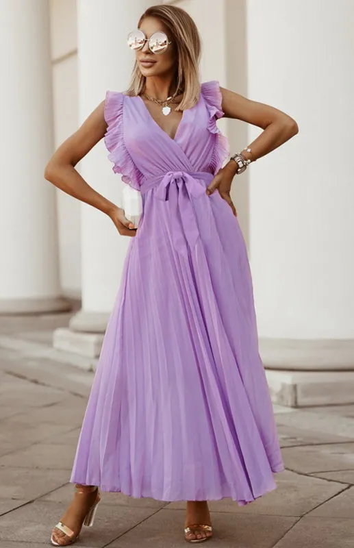 Ruffle Sleeve Maxi Dress with Pleated Chiffon Design