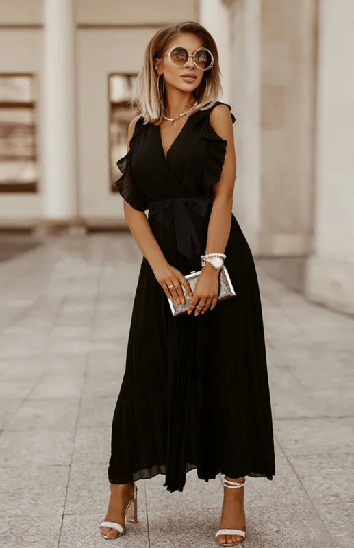 Ruffle Sleeve Maxi Dress with Pleated Chiffon Design