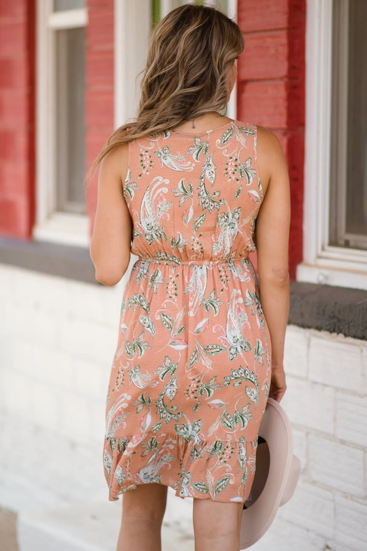 Salmon Paisley Print Ruffle Hem Dress