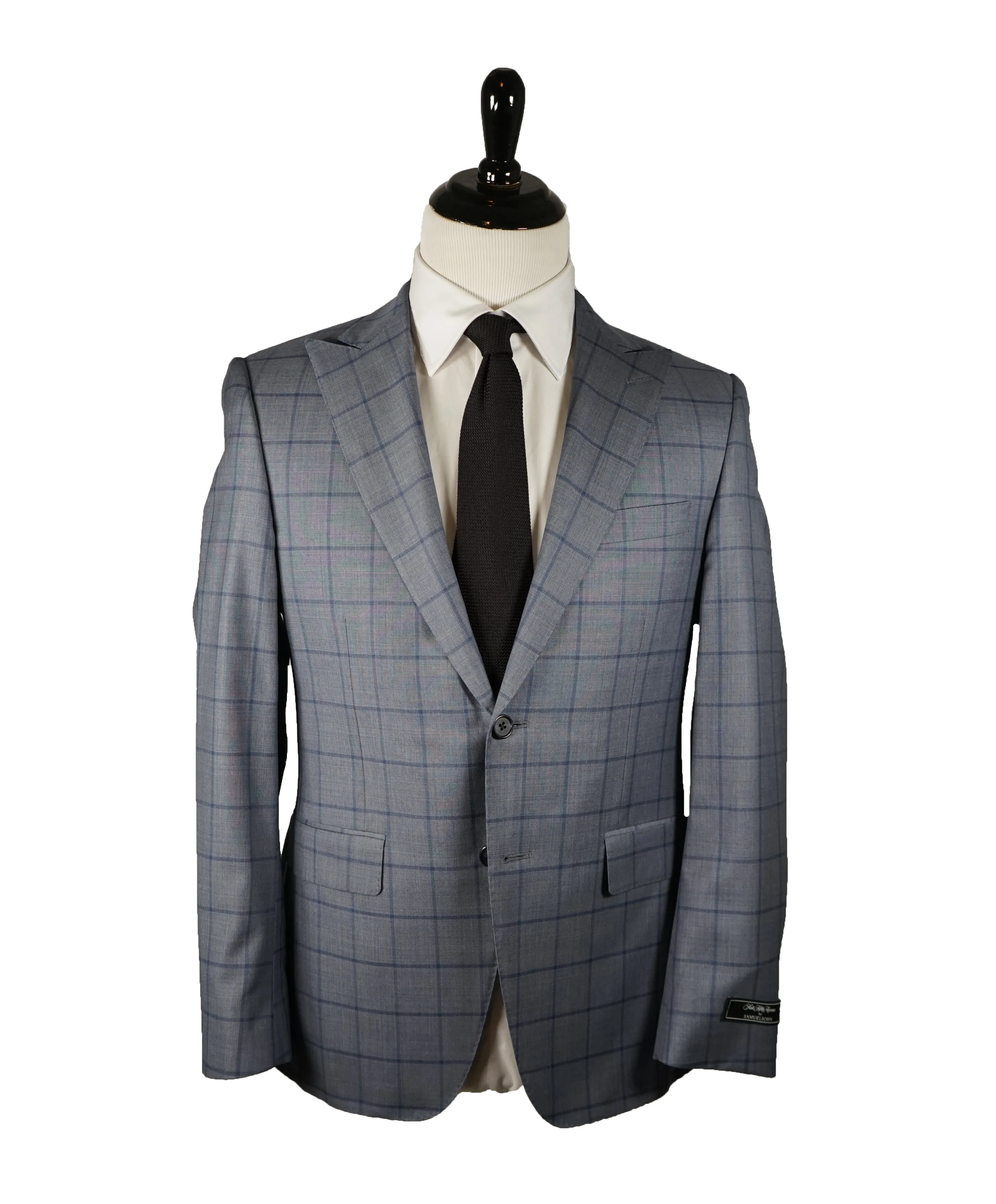 SAMUELSOHN - Wide Peak Lapel Windowpane Blue Suit - 38S