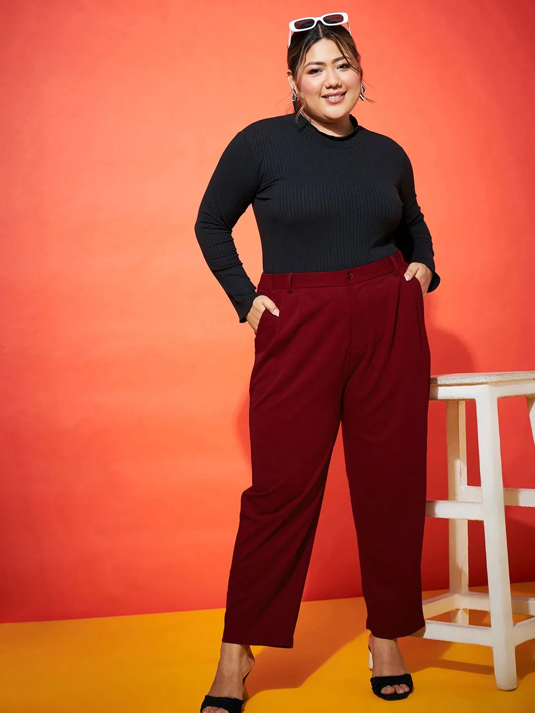 SASSAFRAS Curve Women Maroon Smart Mom Fit Parallel Trousers
