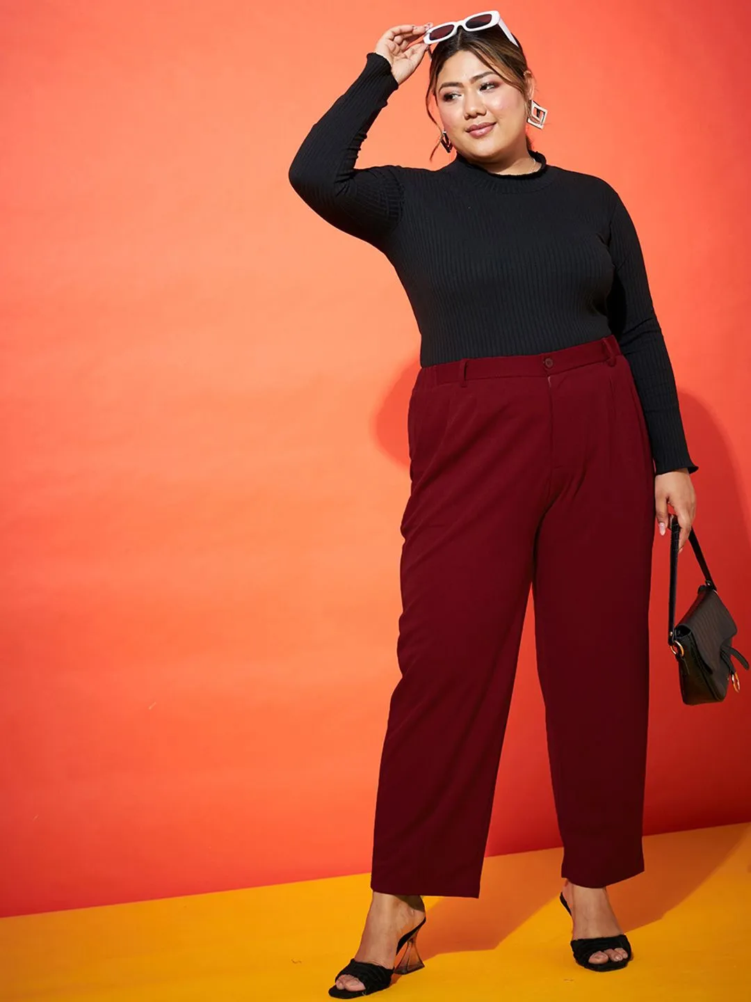 SASSAFRAS Curve Women Maroon Smart Mom Fit Parallel Trousers