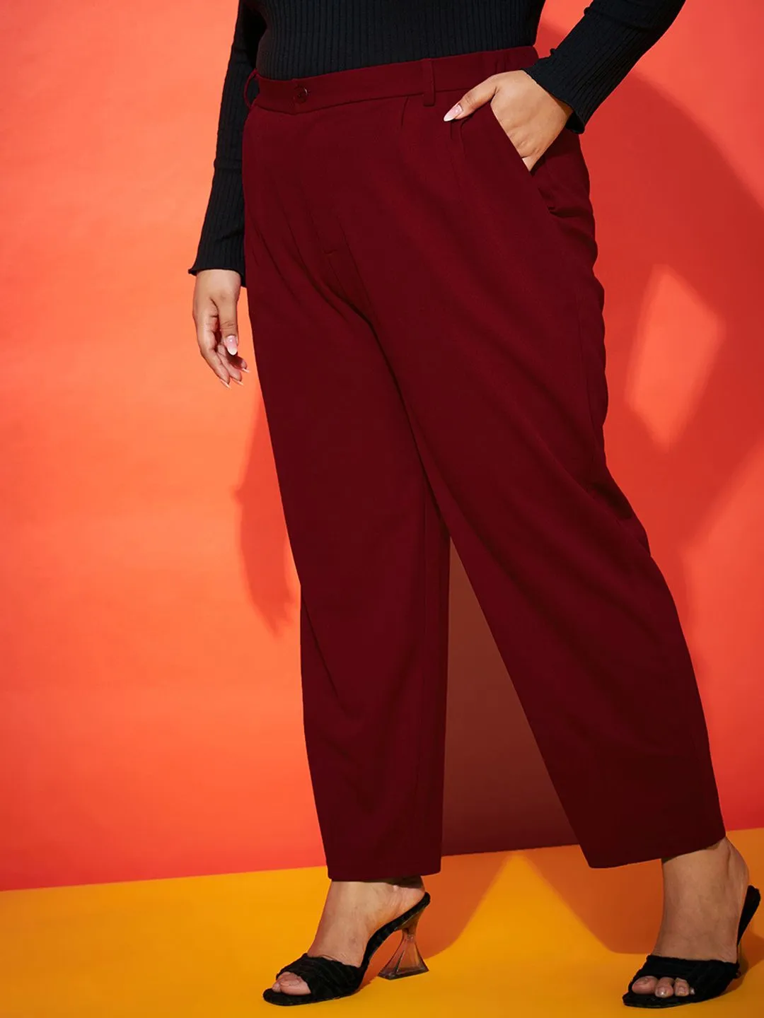 SASSAFRAS Curve Women Maroon Smart Mom Fit Parallel Trousers