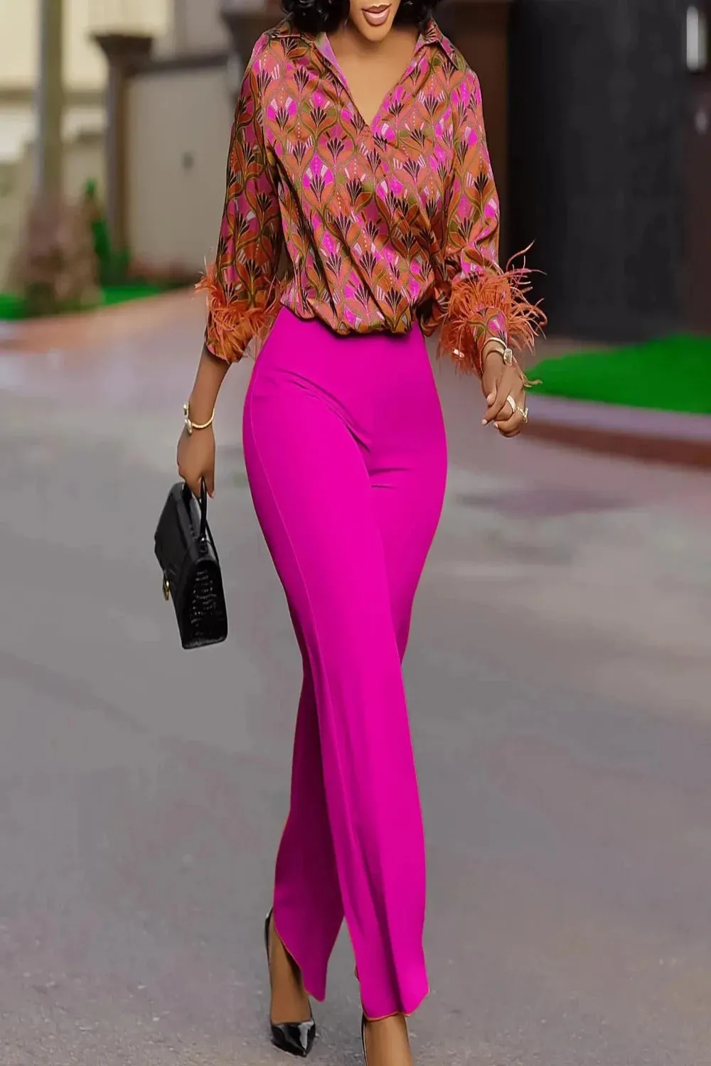 Satin Printed Blouse and Wide Leg Pants Set
