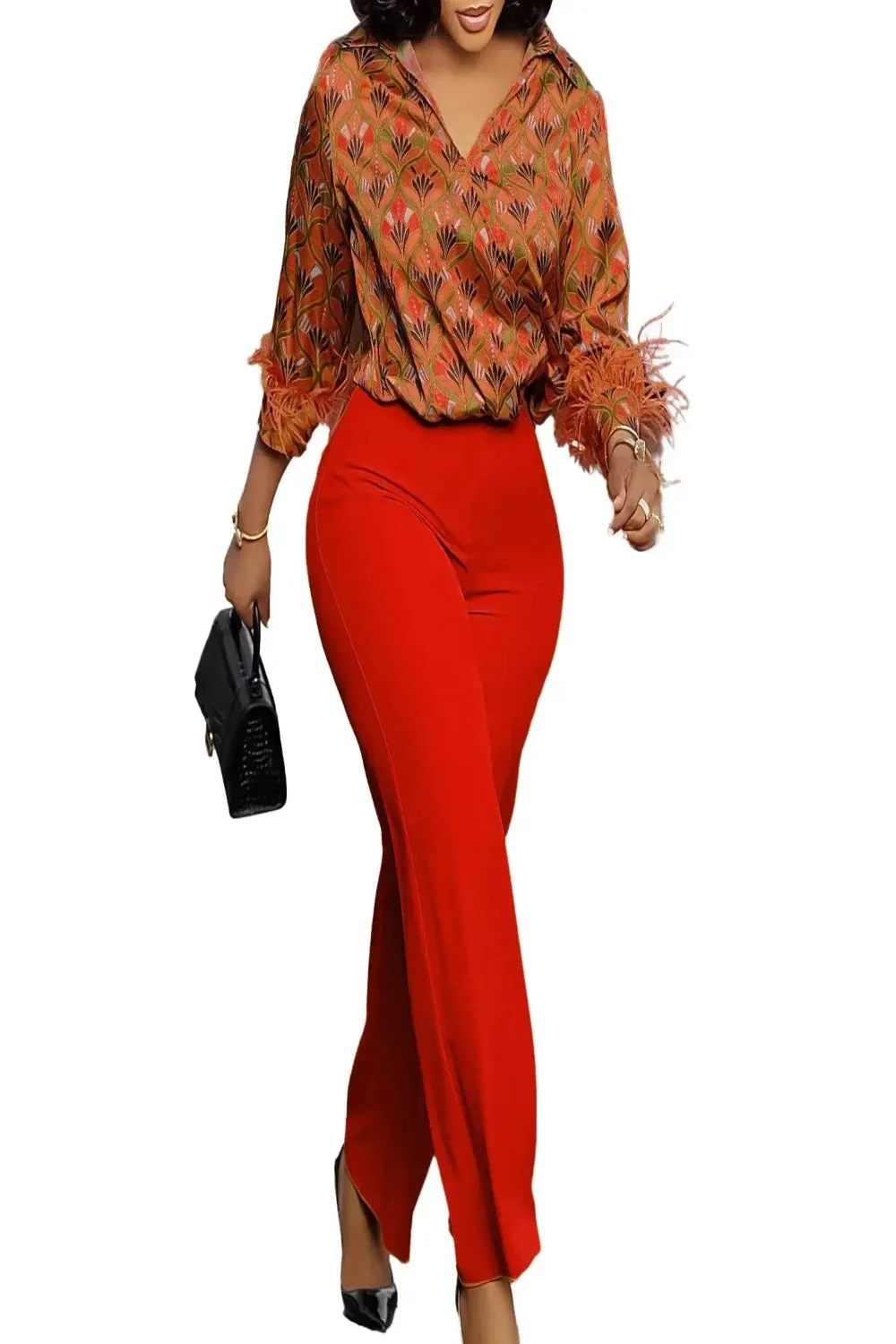Satin Printed Blouse and Wide Leg Pants Set