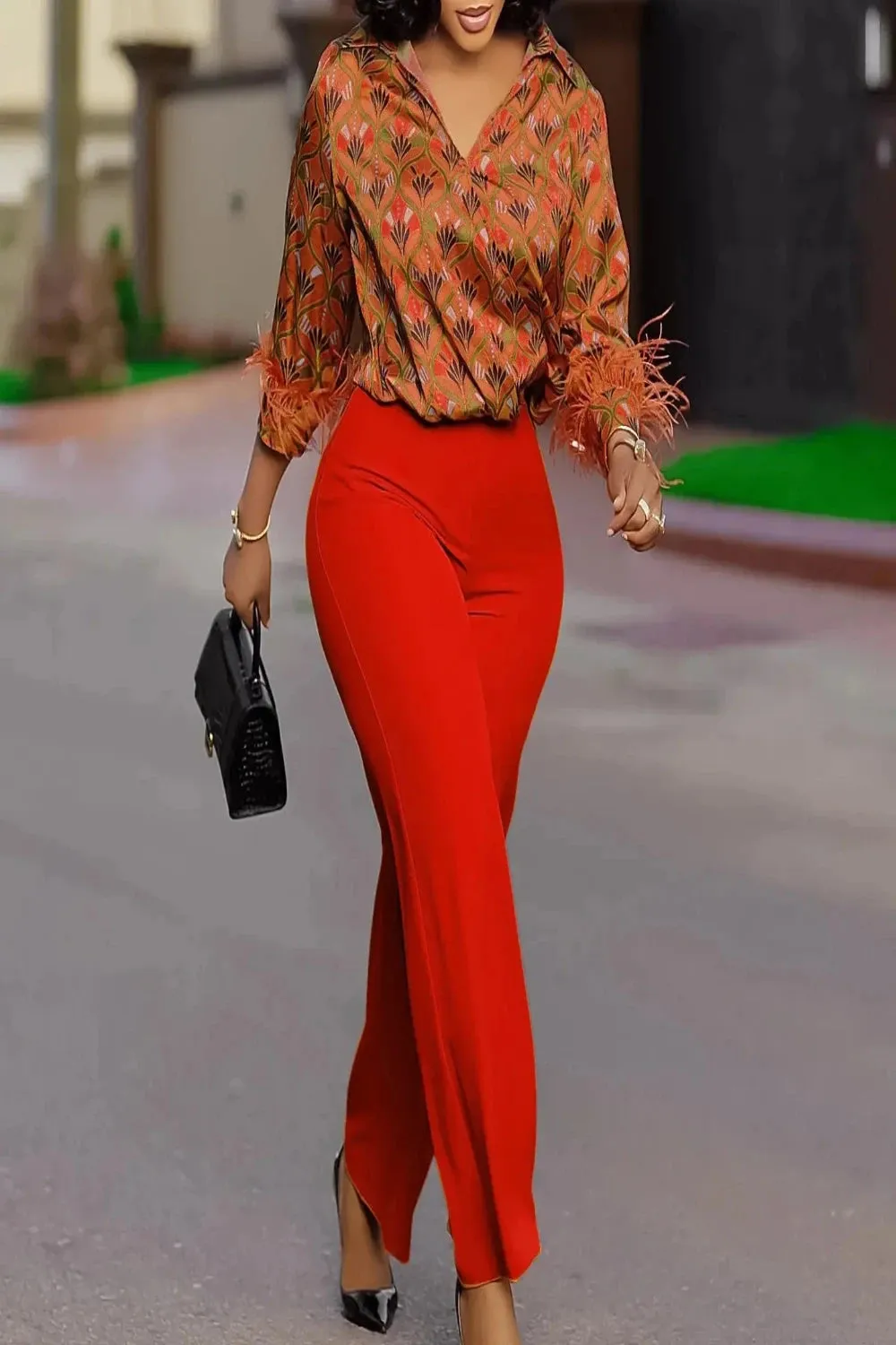 Satin Printed Blouse and Wide Leg Pants Set